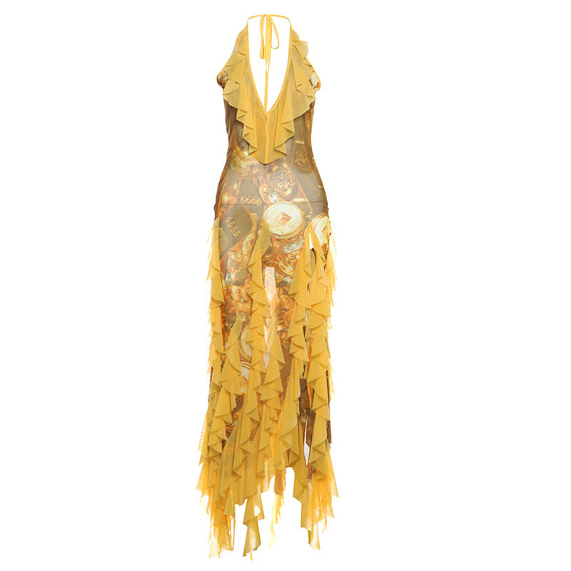 Yellow Tassel Fringe Ruffled Design Halter Deep V-Neck Sleeveless Maxi Dress
