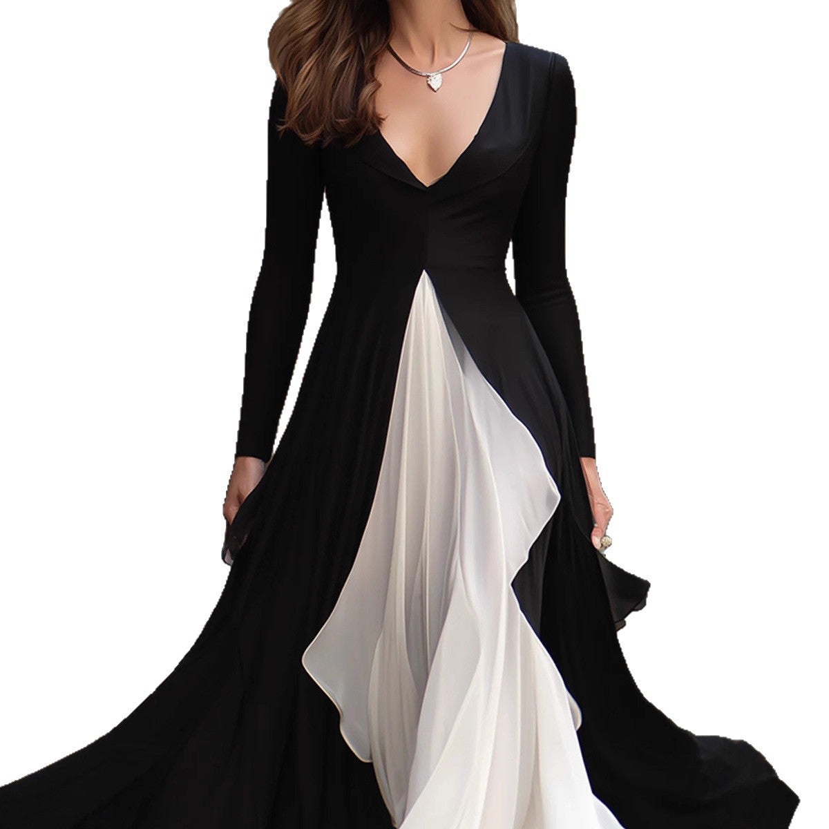 Oversized French Black/White Long Sleeve V-Neck Skinny Maxi Big Swing Dress