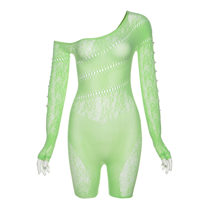 Mesh Transparent Hollow-Out Asymmetrical One Shoulder High Waist Long Sleeve Women's Stretch Shorts Romper