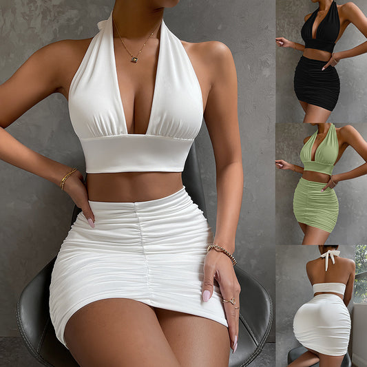 Sleeveless Solid Deep Plunge V-Neck Halter Lace-Up Crop Top + Pleated Mini Skirt 2-Piece Set