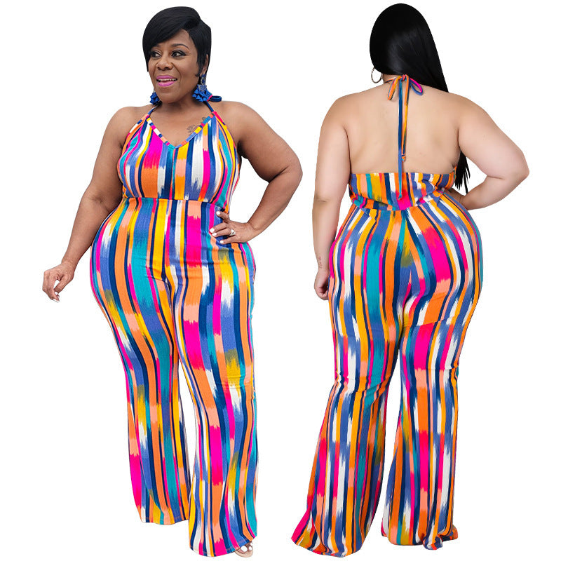 Sleeveless Rainbow Pastel Geometric Print Backless Women's Jumpsuit to 5X Plus Size