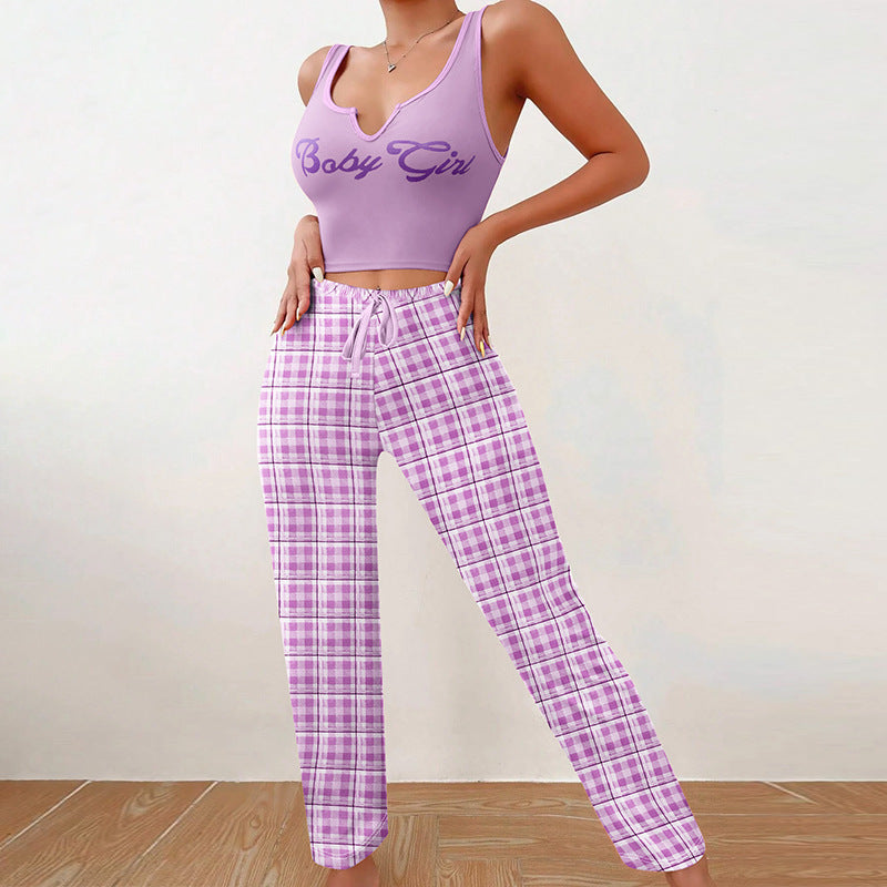 "Baby Girl" Print V-Neck Women's Tank Top + Plaid Drawstring Pants 2-Piece Set