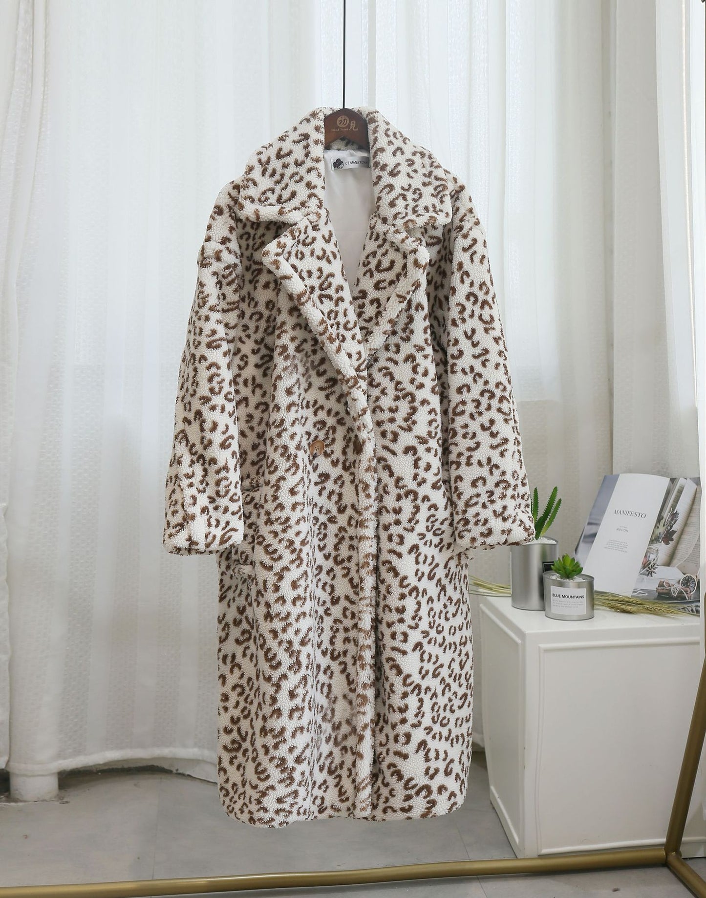Oversized Leopard Print Plush Faux Sheared Fur Women's Turn-Down Collar Trenchcoat