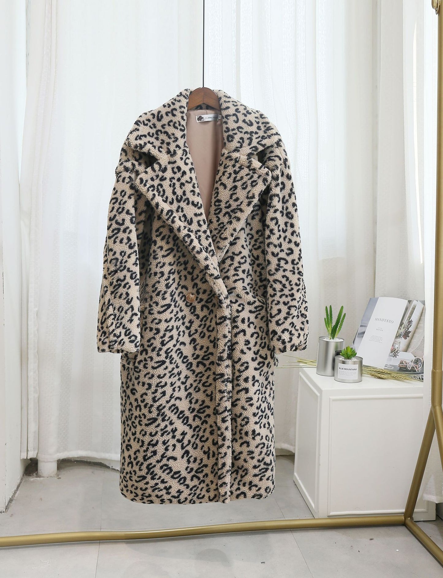 Oversized Leopard Print Plush Faux Sheared Fur Women's Turn-Down Collar Trenchcoat