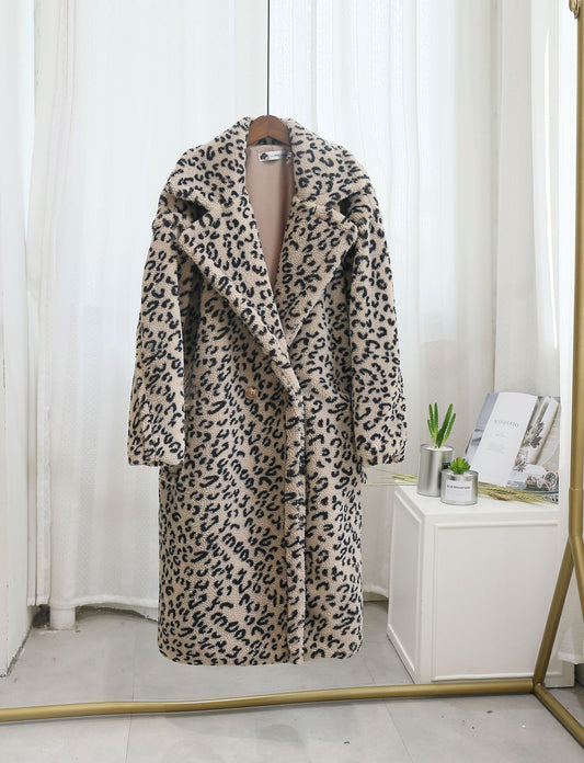 Oversized Leopard Print Plush Faux Sheared Fur Women's Turn-Down Collar Trenchcoat