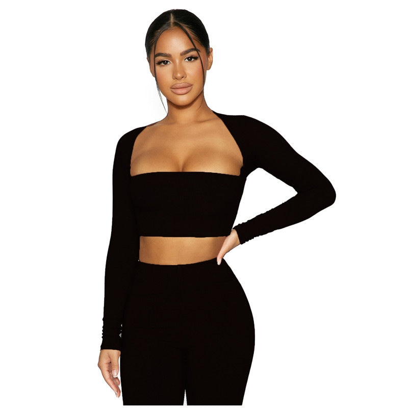 U-Neck Long Sleeve Solid Color Crop Top + Skinny Mini Skirt 2-Piece Set