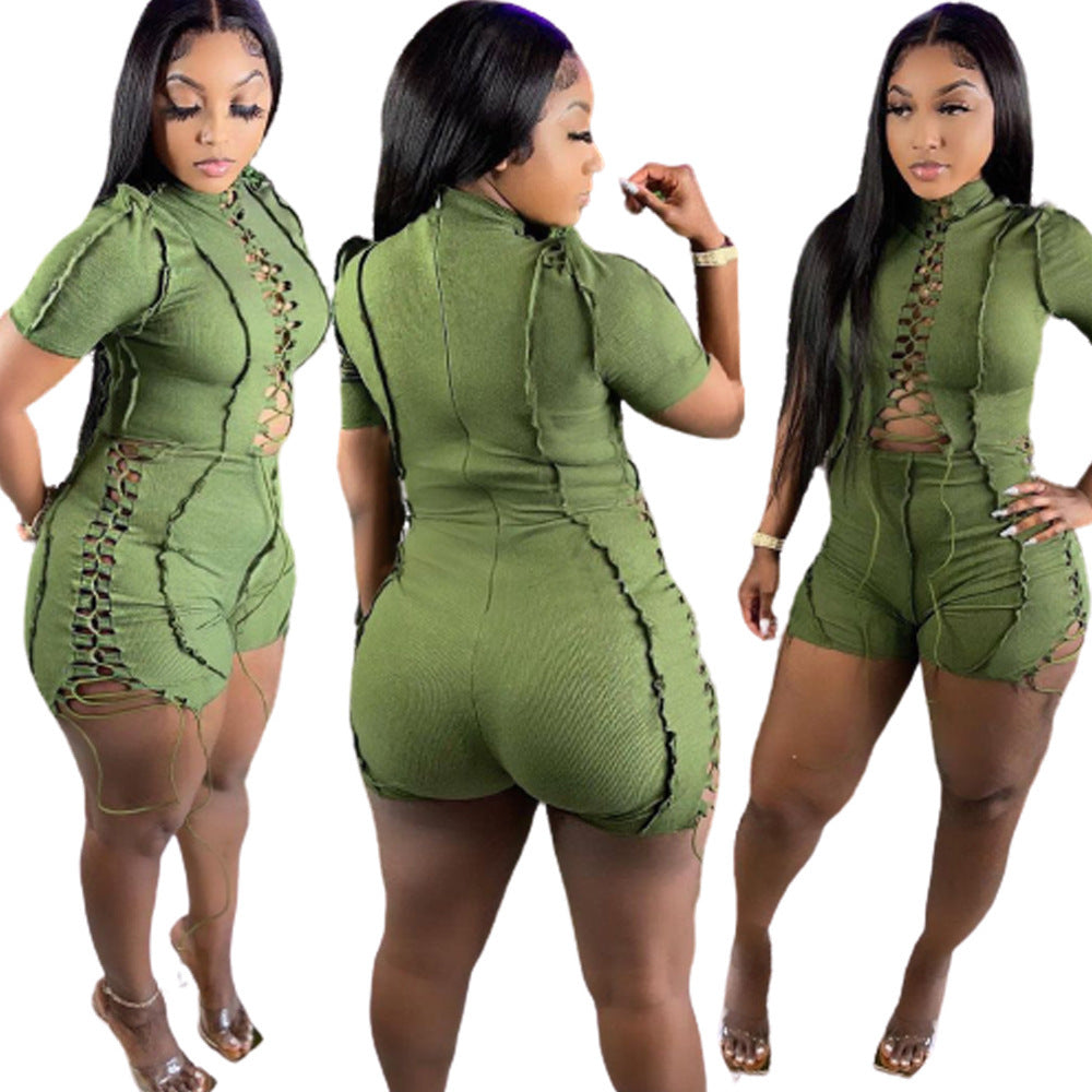 Lace-Up Criss-Cross Trim Side Striped Women's Short Sleeve Top + Shorts 2-Piece Set to 5X Plus Size