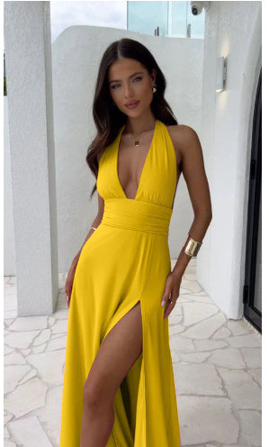 Sleeveless Halter Deep V-Neck High Slit Backless Adjustable Strap Temperament Bridesmaid/Prom Maxi Dress