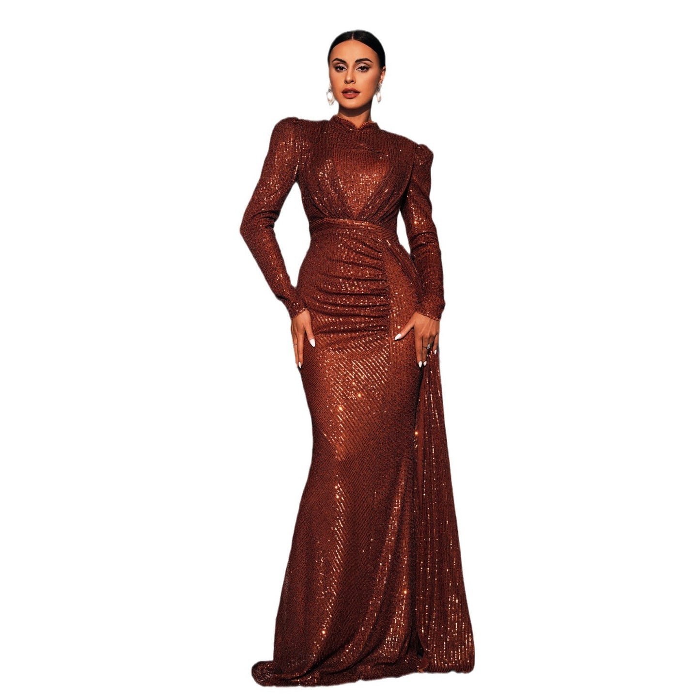 Glitter Sparkling Sequin Design Ruched Pleat3d Long Sleeve O-Neck Formal Floor-Length Dress