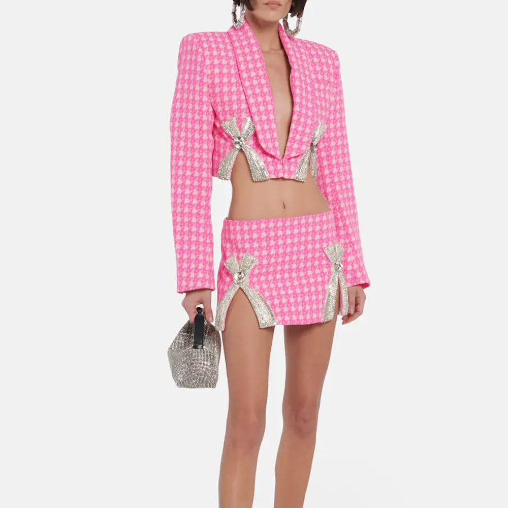 Pink Houndstooth Plaid Rhinestone Silver Metallic Bow Design Cropped Blazer + Mini Skirt Women's Suit