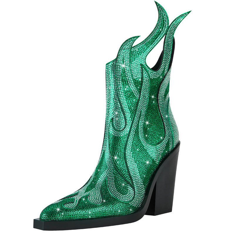 Flame Rhinestone Design Women's Low Square Toe Chunky Heel Martin Ankle Boots