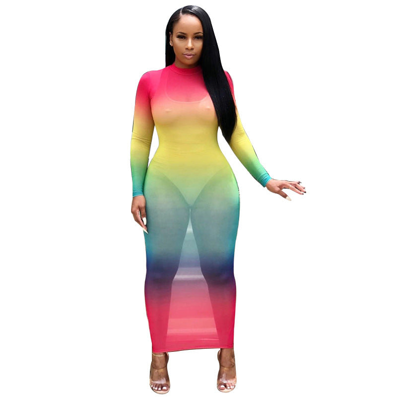 Rainbow Pastel Gradient Colorblock Print Sheer Transparent Long Sleeve Maxi Dress