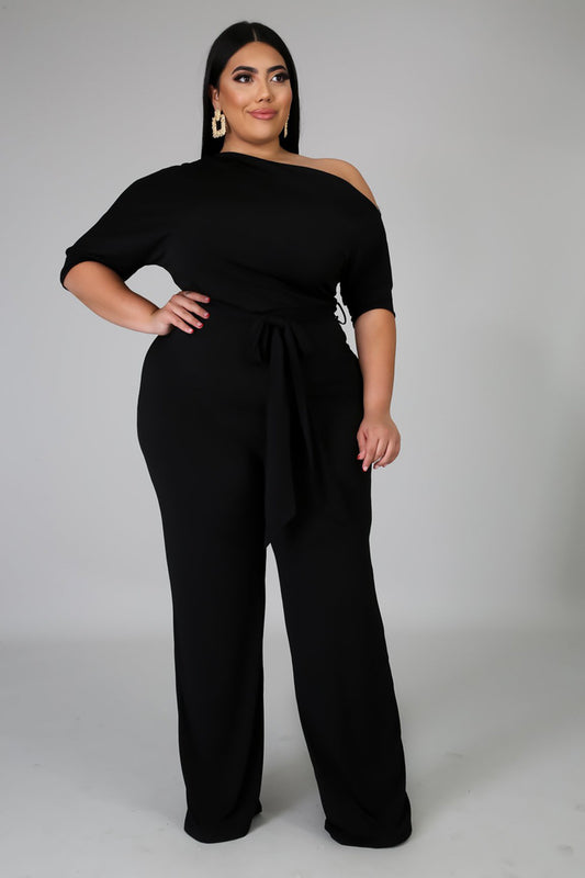 One-Shoulder O-Neck Asymmetrical Short Sleeve Solid Color Women's High Waist  Jumpsuit to 5X Plus Size