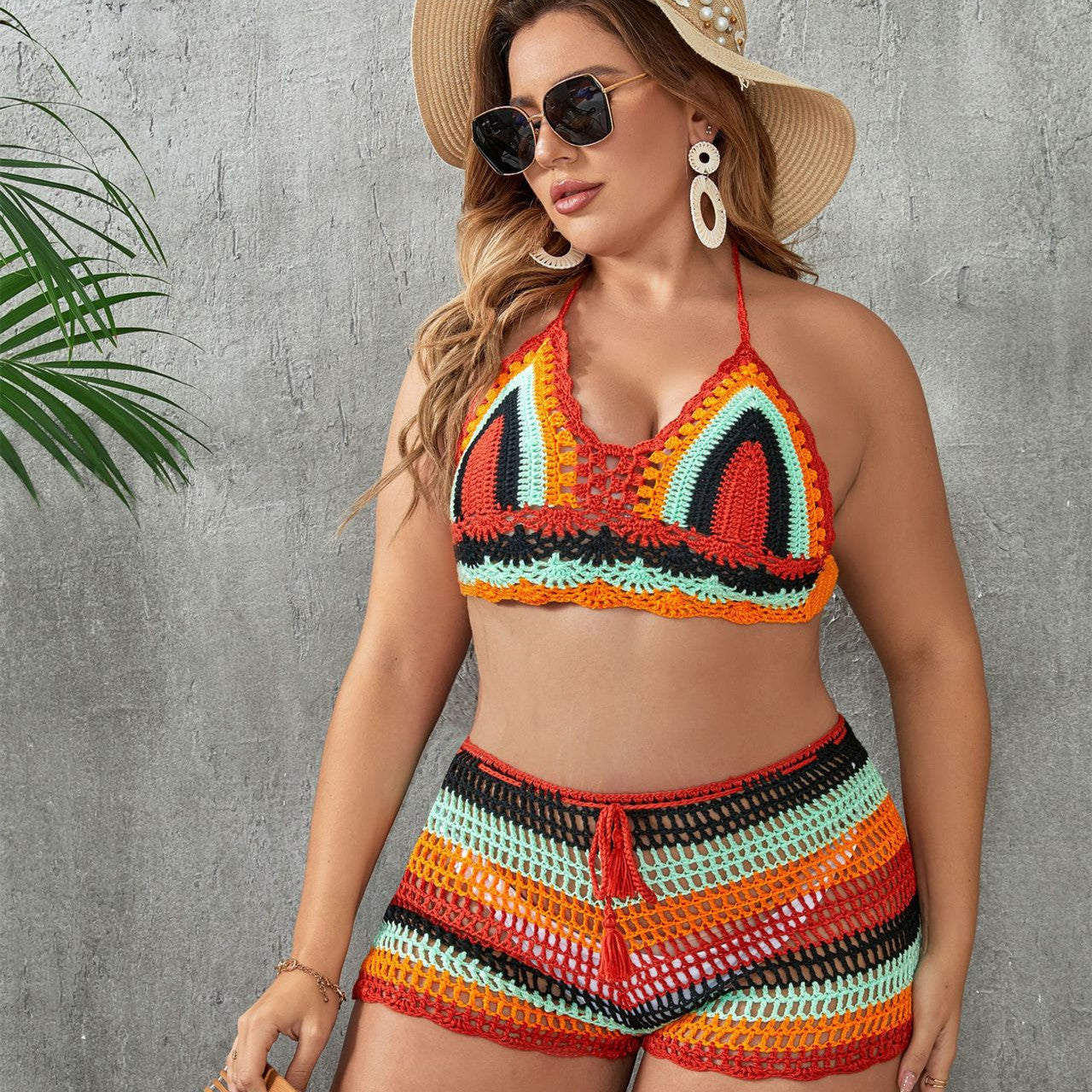 Crochet Knitted Striped Colorblock Hollow-Out 2-Piece Women's Bikini Swimsuit to 3X Plus Size