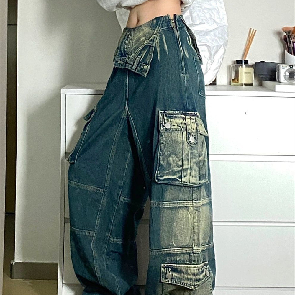 Denim Retro Baggy Patchwork Colorblock Washed Women's Cargo Pocketed Jeans to 4X Plus Size