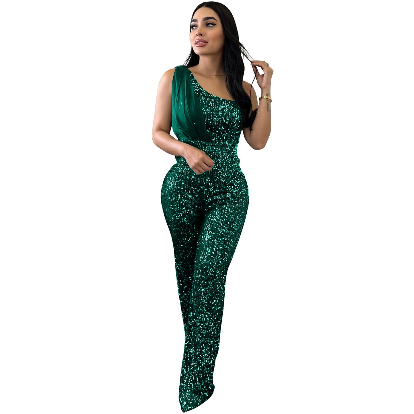 Sequin Glitter Asymmetrical Women's Solid Color Sleeveless One Shoulder Jumpsuit