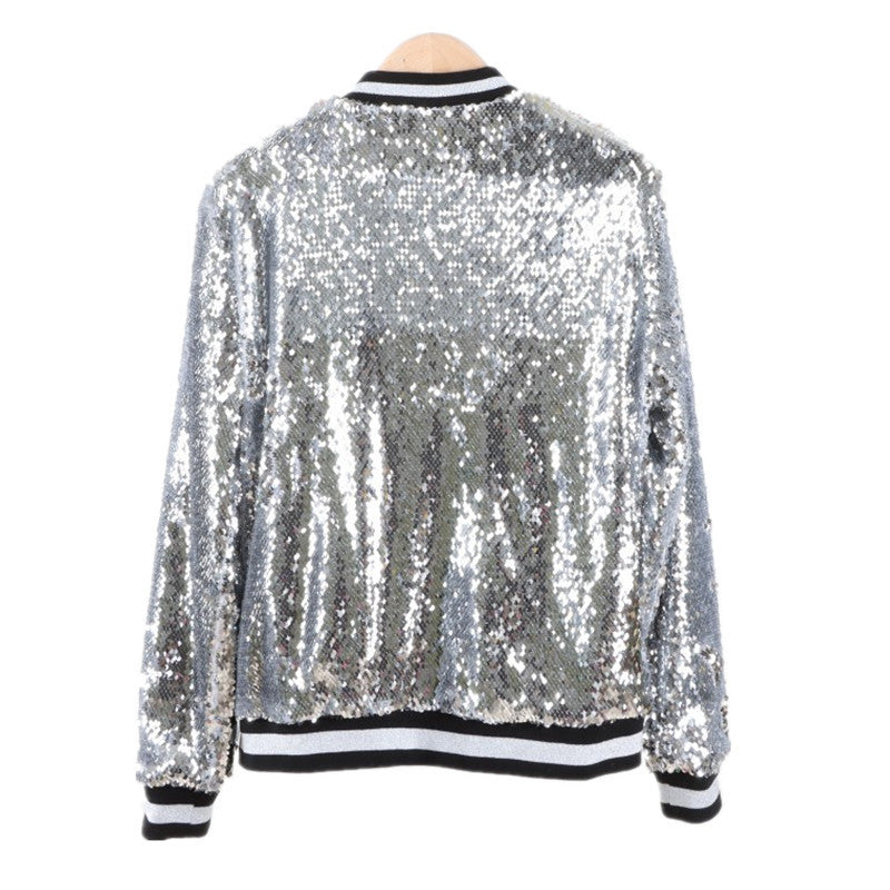 Sequin Black/Silver Striped Hem O-Neck Women's Long Sleeve Baseball Bomber Jacket