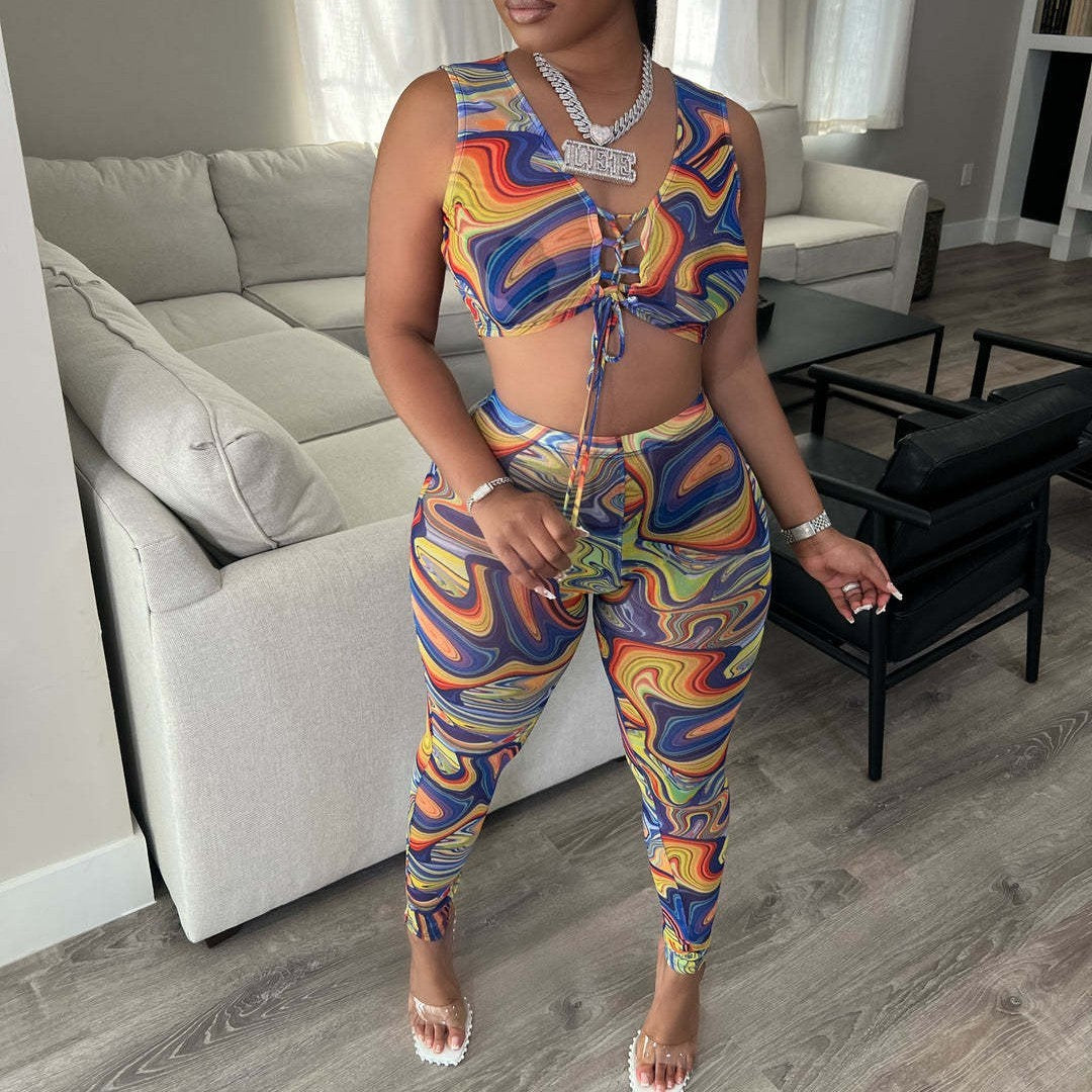 Swirl Print Sleeveless Lace-Up Women's Crop Top + Skinny Leggings 2-Piece Set