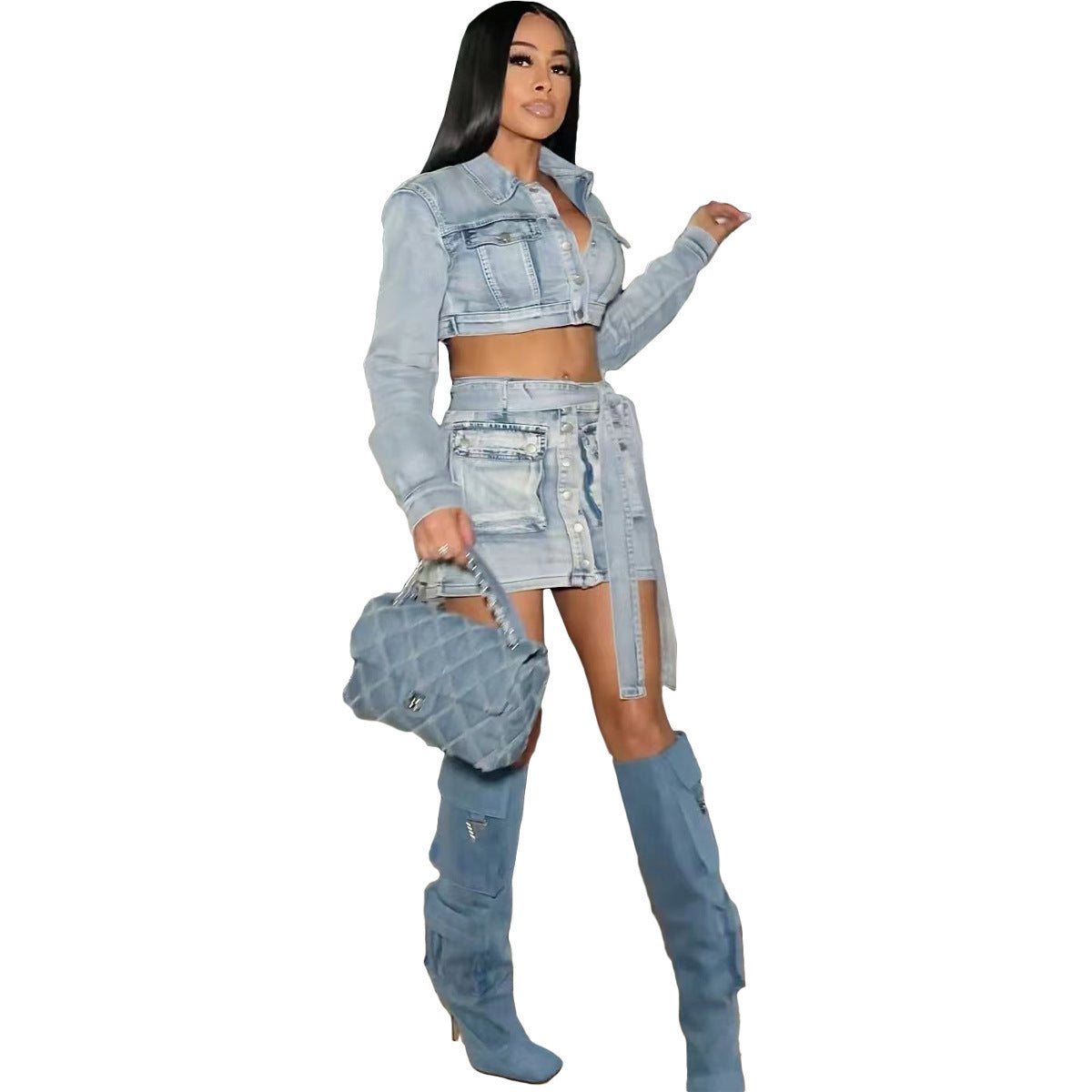 Faded Washed Light Blue Denim Crop Jean Jacket + Cargo Pocketed Mini Jean Skirt Women's 2-Piece Set