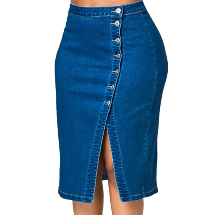 Blue Denim Button-Up Design High Slit Midi Jean Skirt to 4X Plus Size