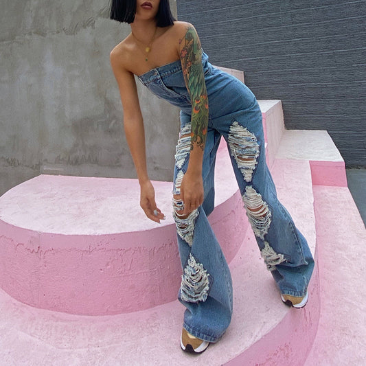 Denim Sleeveless Western Ripped High Waist Wide Leg Women's Tube Top Jean Jumpsuit