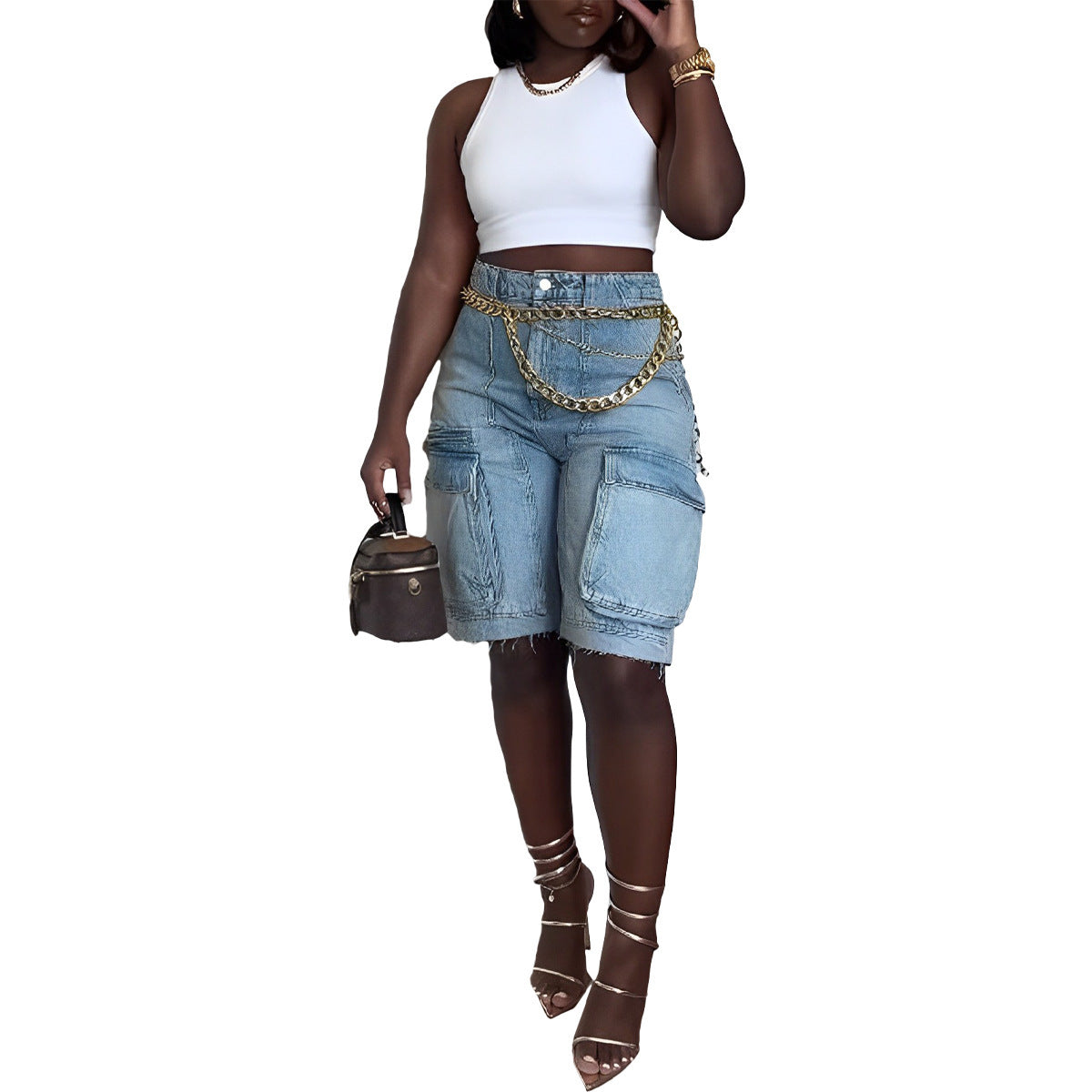 Denim Faded Blue Washed Cargo Pocketed Women's Jean Shorts to 3X Plus Size