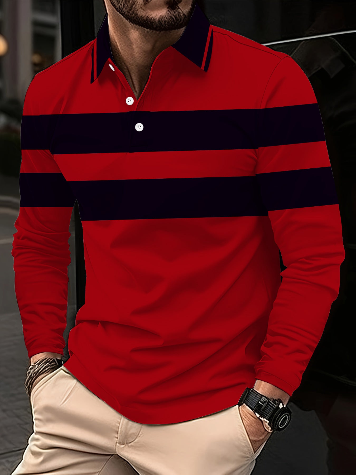 Men's Striped Colorblock Quarter Button-Up Long Sleeve Pullover Shirt