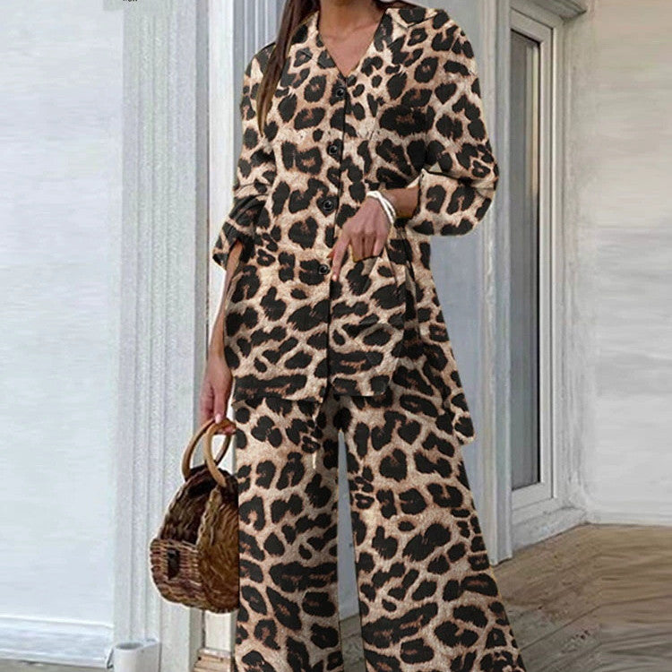 Leopard/Solid Turn-Down Collar Long Sleeve Button-Up Maxi Blouse + Wide Leg Pants Women's 2-Piece Office Set to 5X Plus Size