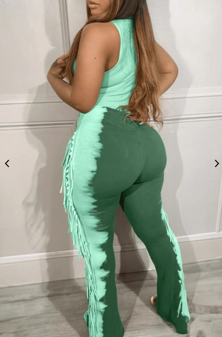 Side Tassel Fringe Design Sleeveless Women's V-Neck Skinny Jumpsuit