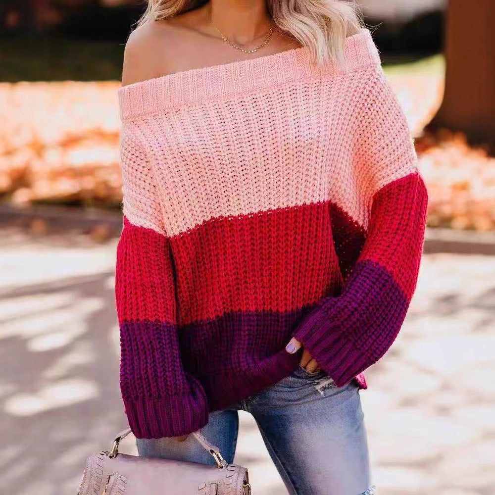 Striped Colorblock Off-the-Shoulder Knitted Women's Long Sleeve Sweater