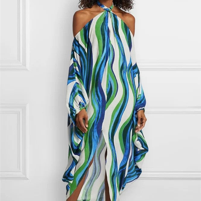 Open Shoulder Rainbow Striped Long Sleeve Loose Maxi Dress