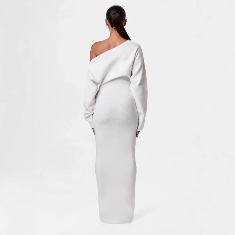 Knitted Skinny Fit Long Sleeve Off-the-Shoulder Solid Color Bodycon Maxi Dress