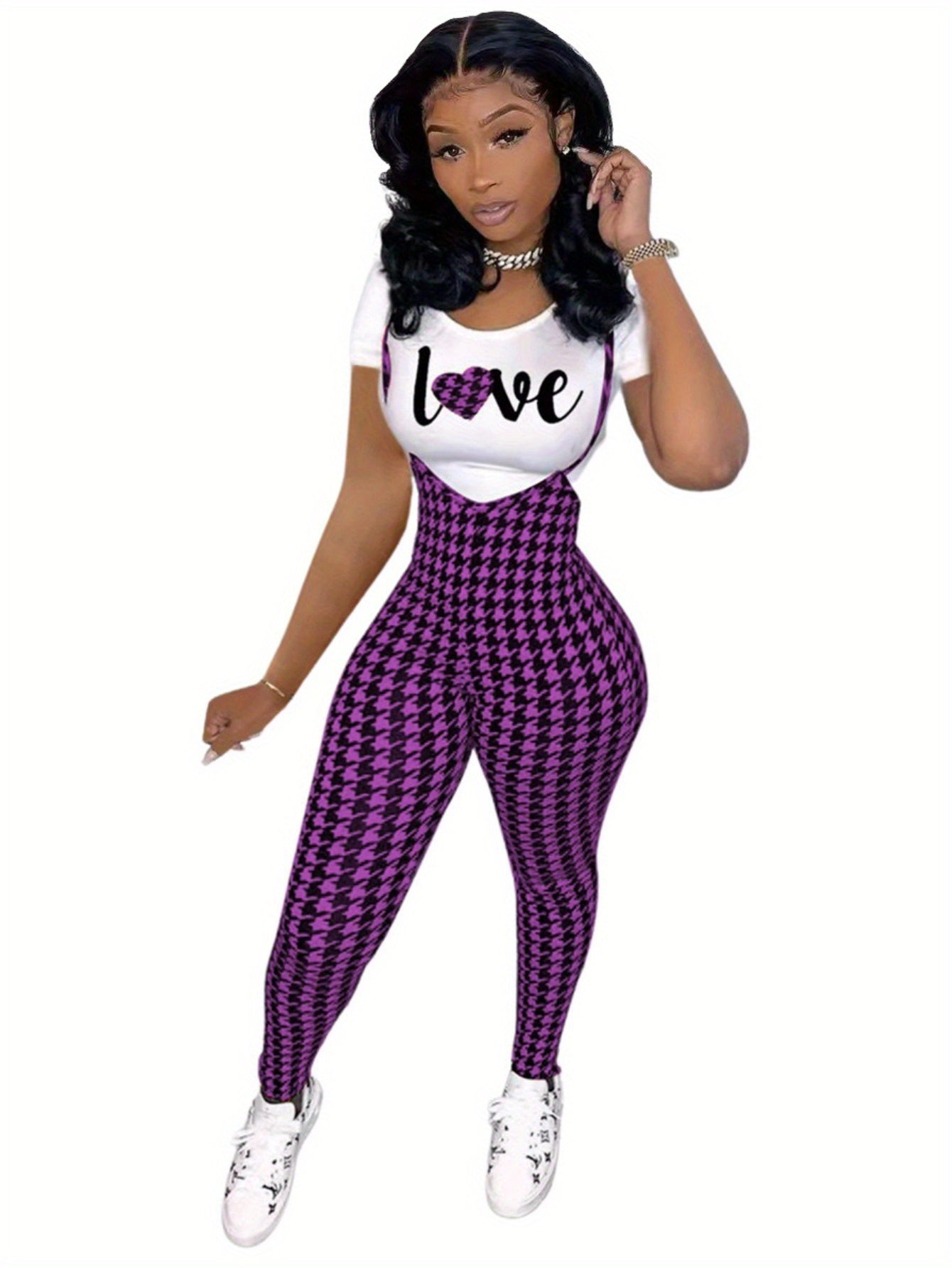 Sleeveless Houndstooth Plaid Print Cami Overalls Jumpsuit w/Love Heart Print T-Shirt Women's 2-Piece Set