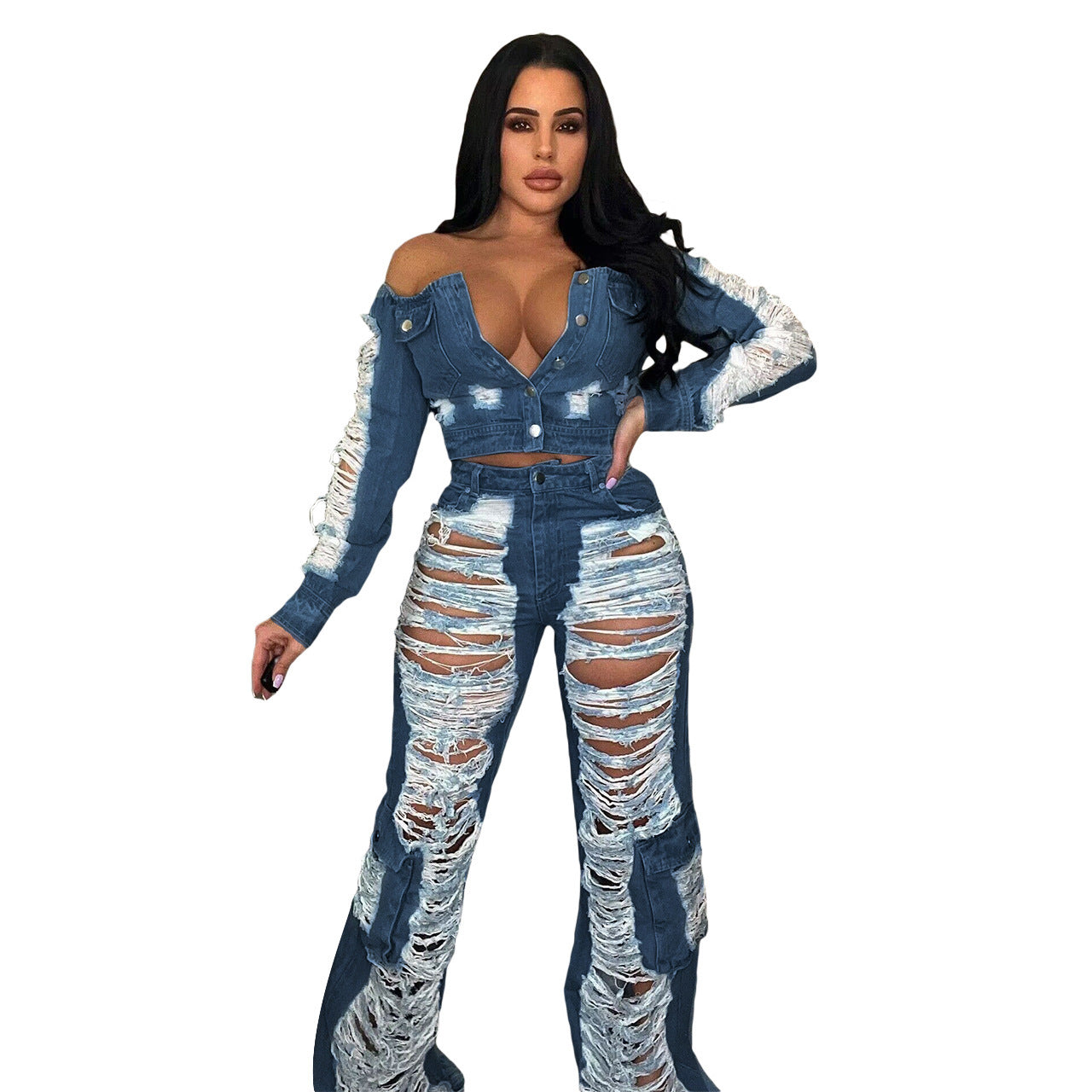 Denim Button-Up Double Pocket Crop Jean Shirt + Off-the-Shoulder Hollow-Out Ripped Fringe Cargo Jeans Women's 2-Piece Set