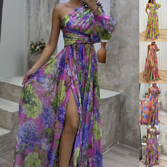 Floral Print Pleated Asymmetrical High Slit One Shoulder Long Sleeve Maxi Dress
