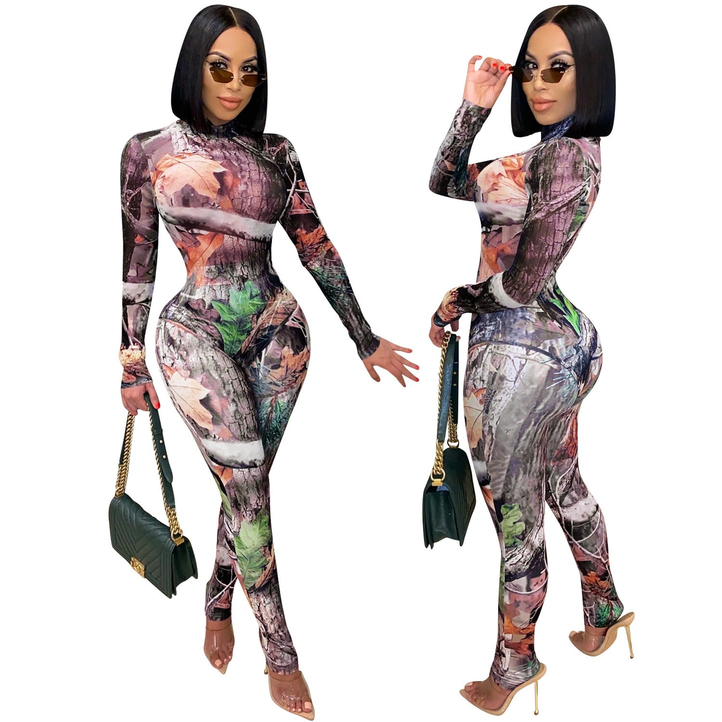Mesh Sheer Transparent Floral Geometric Print Long Sleeve Women's Top + Skinny Leggings 2-Piece Set