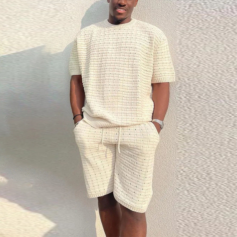 Men's Knitted Waffle Pattern Solid Color O-Neck T-Shirt w/ Shorts 2-Piece Set