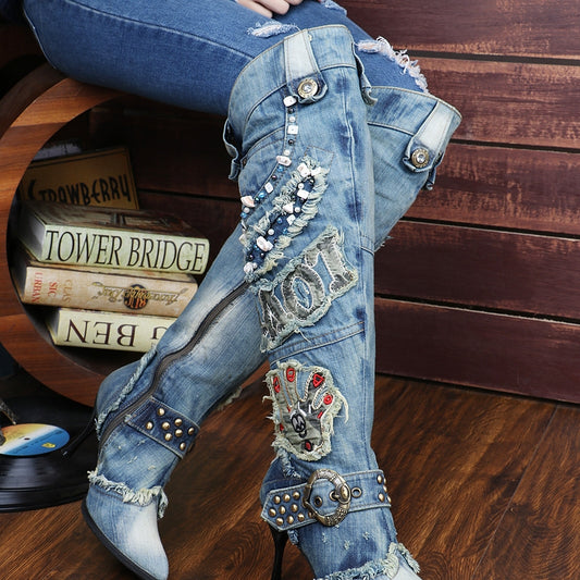 Denim Ripped Women's String Beaded Stiletto Heel Knee-High Jean Boots