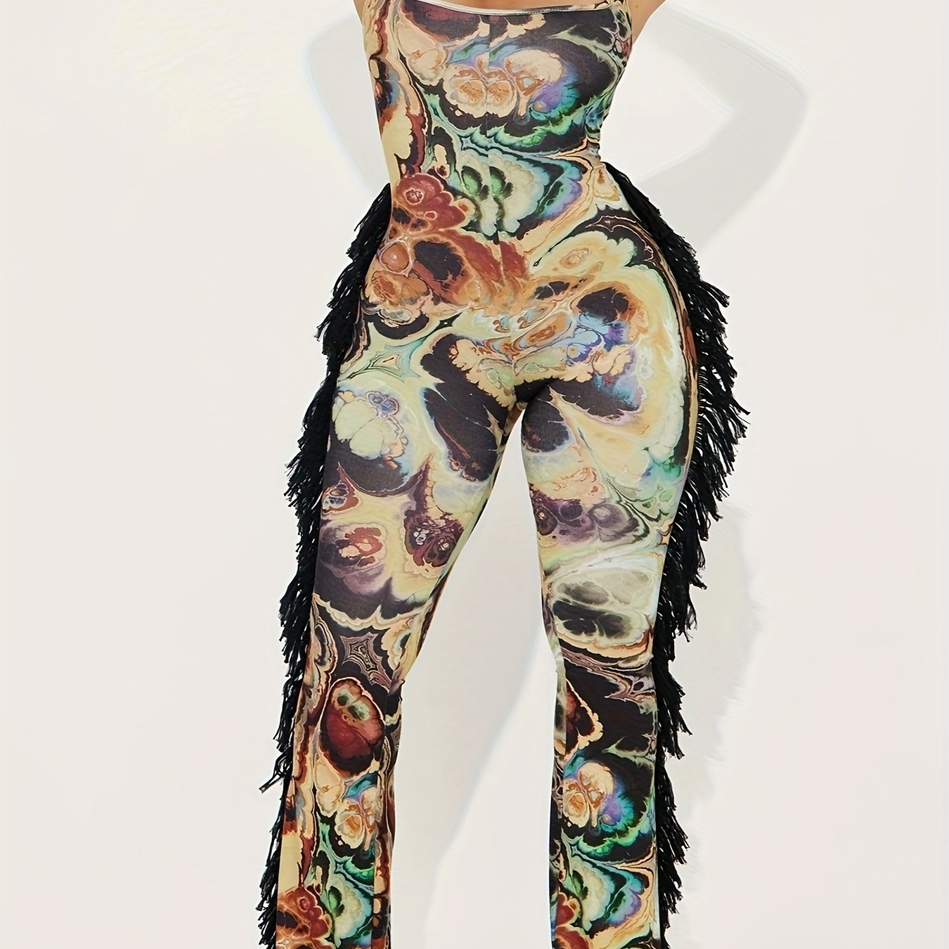 Tassel Fringe Design Sleeveless Flower Print Women's V-Neck Fringe Detail Ruffled Hem Jumpsuit