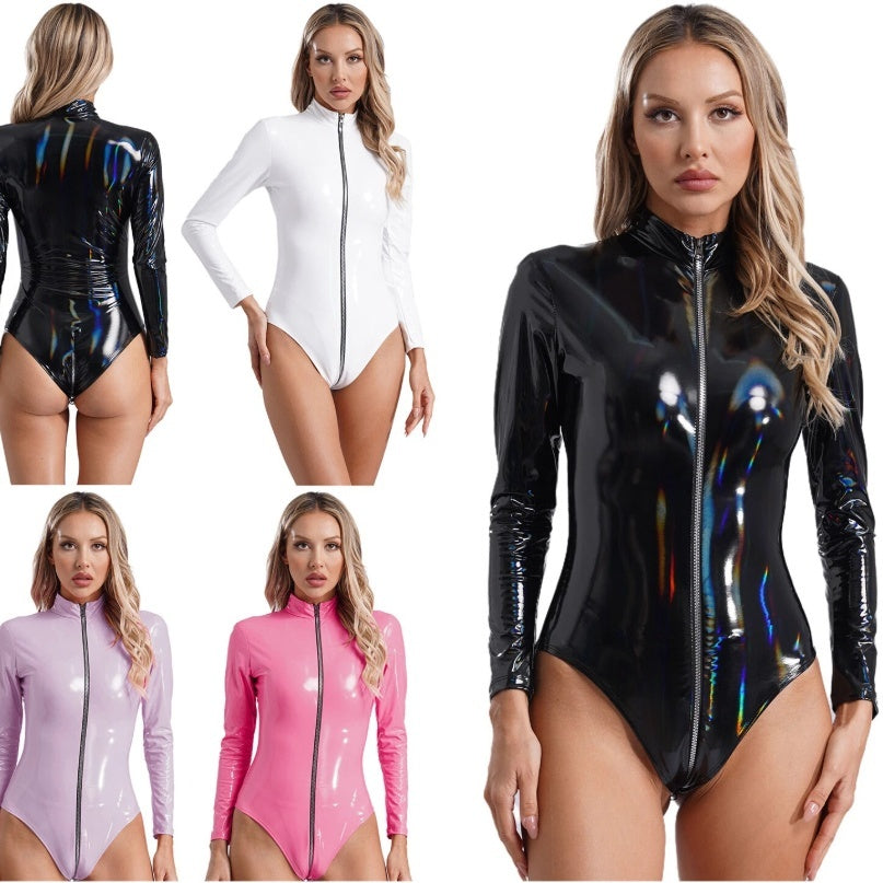 Faux Leather Open Crotch Solid Color Women's One-Piece Skin Tight Long Sleeve Zipper Bodysuit