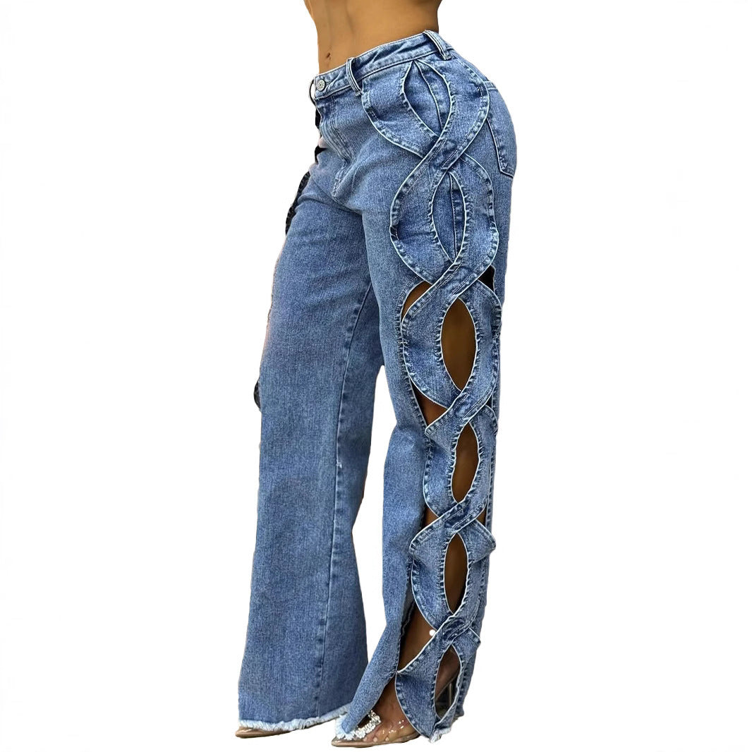 Denim Faded Washed Criss-Cross Side Hollow-Out Pattern Women's Jeans