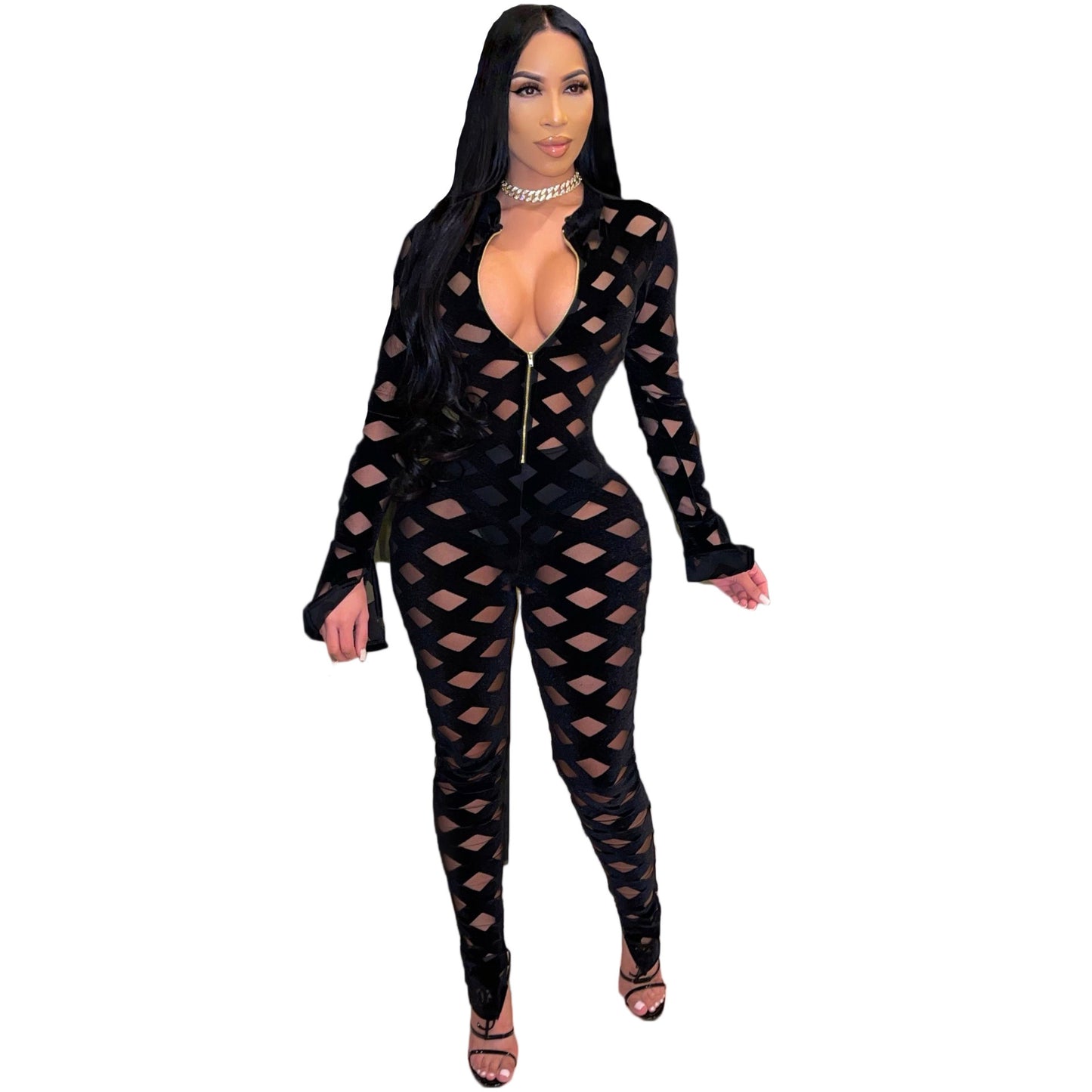 Mesh Sheer CrissCross Colorblock Pattern Women's Long Sleeve Deep V-Neck Skinny Women's Zipper Jumpsuit
