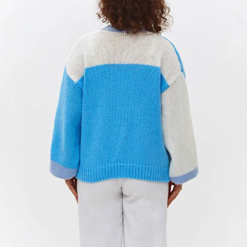 Blue/White Big Flower Embroidered Lantern Sleeve Women's Cardigan Sweater