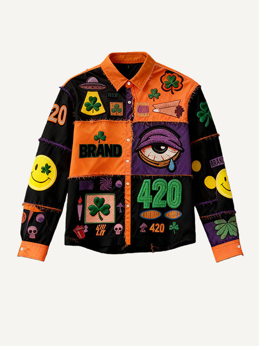 Tiered Hip-Hop 4/20 Patchwork Design Unisex Turn-Down Collar Women's Button-Up Shirt