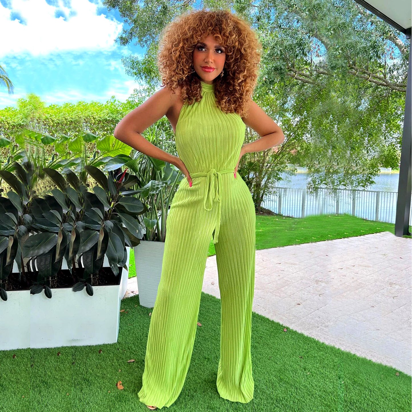 Ribbed Pattern Pleated Women's Lace-Up Solid Color Jumpsuit
