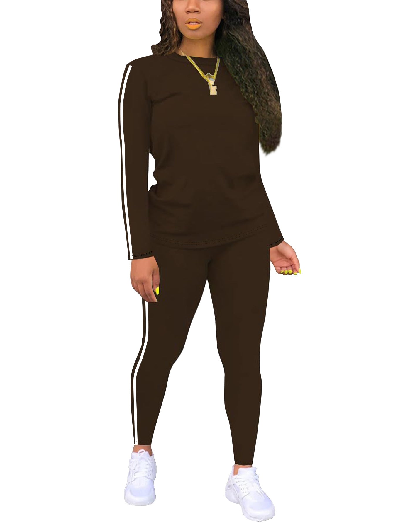 Side Striped Fitness O-Neck Women's Long Sleeve Top + Skinny Sweatpants 2-Piece Set