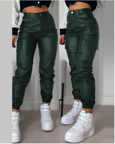 Solid Color PU Leather Ruched Women's Multi-Pocketed Patchwork Skinny Trouser Cargo Pants
