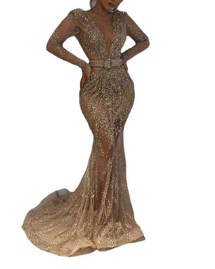 Gold Sparkling Glitter Sequined Deep Plunge V-Neck Long Sleeve Floor-Length Formal Big Swing Maxi Party/Prom Dress