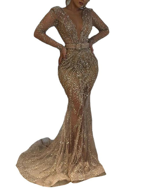 Gold Sparkling Glitter Sequined Deep Plunge V-Neck Long Sleeve Floor-Length Formal Big Swing Maxi Party/Prom Dress