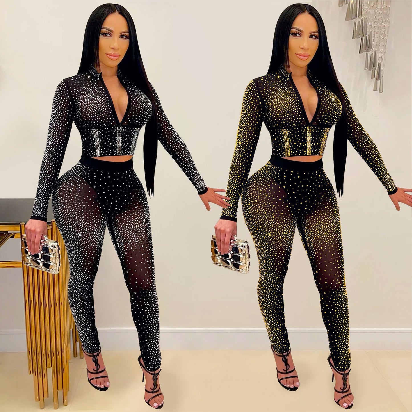 Geometric Hot Drill Sparkling Rhinestone Sheer Transparent Mesh Long Sleeve V-Neck Crop Top + Leggings 2-Piece Set